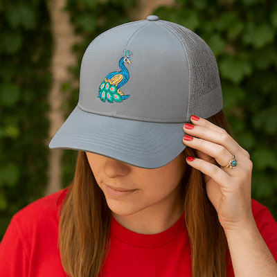 grey trucker hat with peacock embroidery