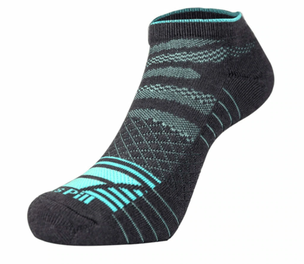 Black and teal low-cut knitted running sock with a snug fit, featuring breathable mesh zones and arch support for added comfort and performance.