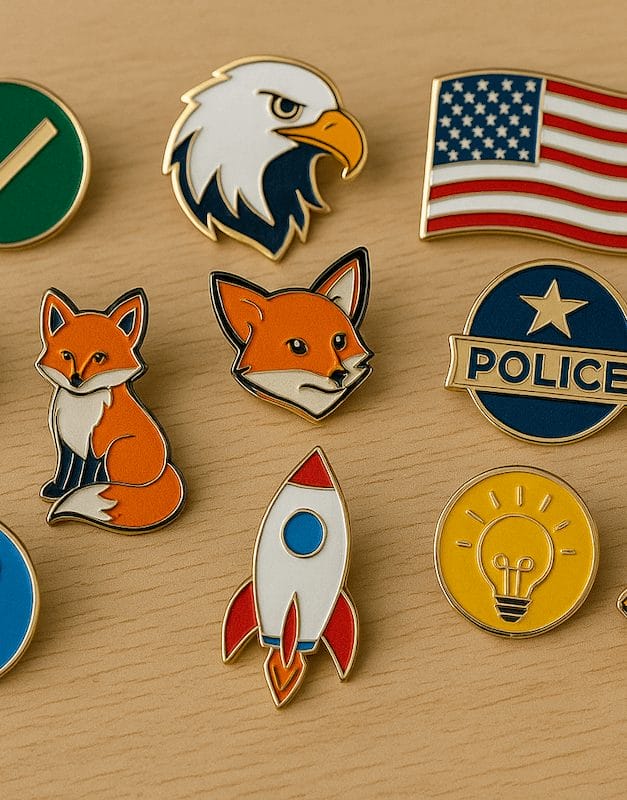 assortment of different pins on a wood table