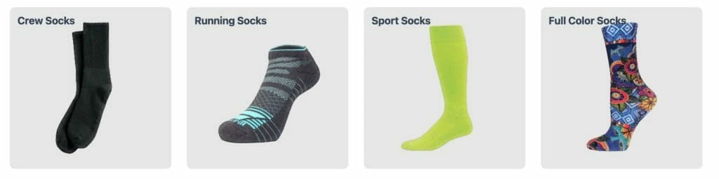 Image showcasing four different types of socks: black crew socks, black and teal running socks with a low-cut design, bright neon green knee-high sport socks, and full-color socks featuring a vibrant, multicolored pattern with various designs.