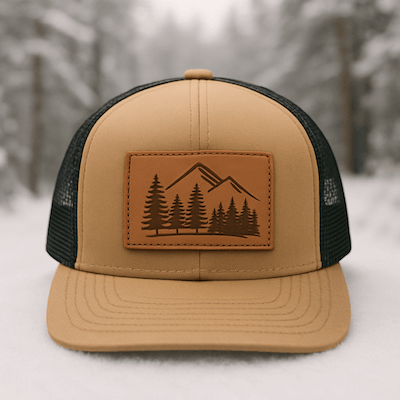 snowy background with 5  panel trucker with leather patch