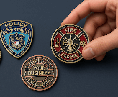 hand showing three custom enamel coins