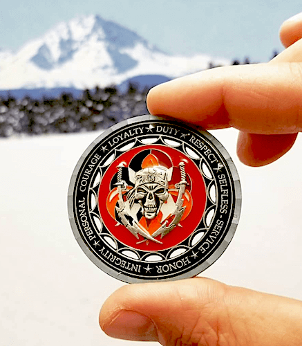 silver custom coin with skull logo