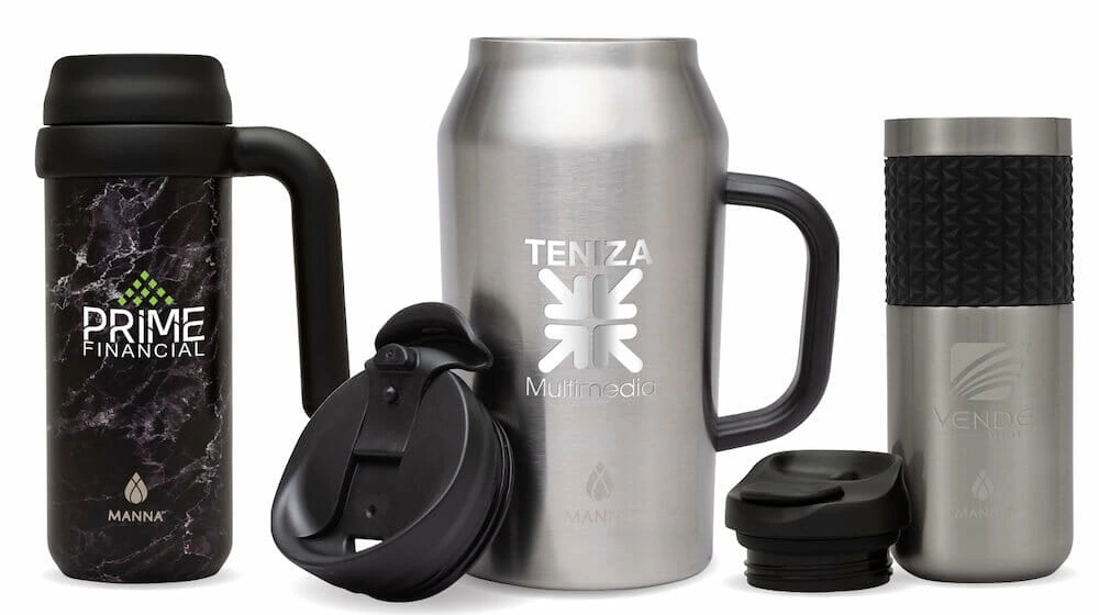 manna travel mugs with company logos