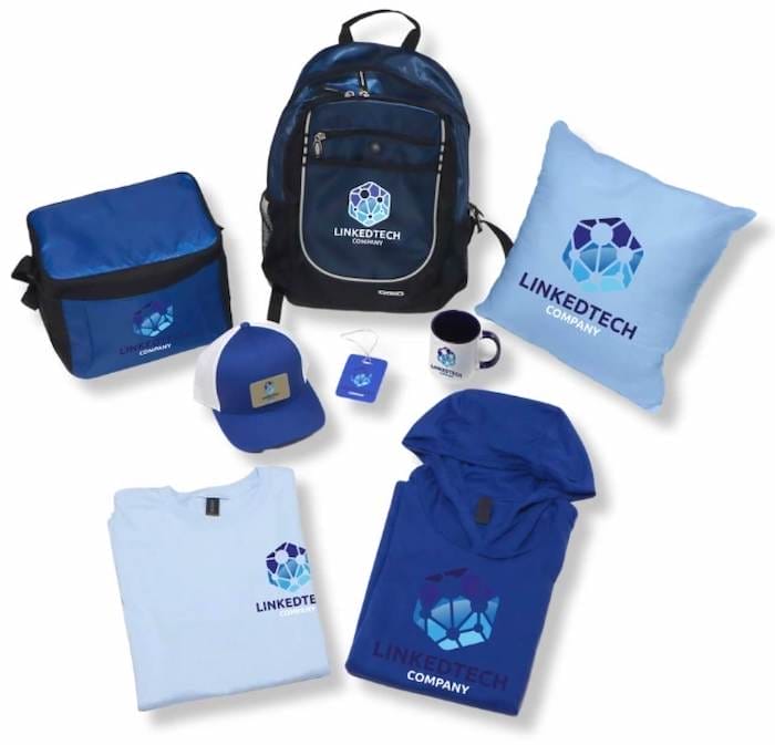 Image of customized apparel including hats, shirts, and jackets with embroidered logos, representing branded merchandise, promotional swag, and custom corporate apparel.