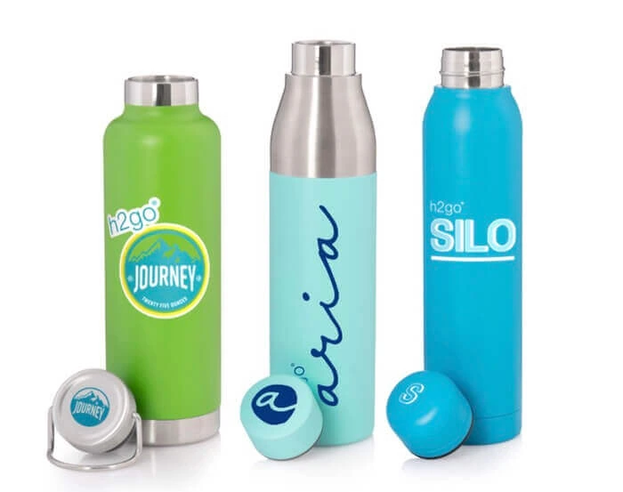 three custom travel tumblers with printed lids