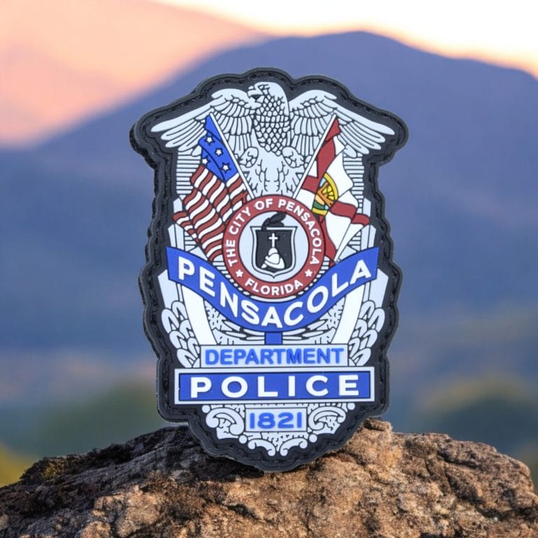 custom police patch with background of mountains