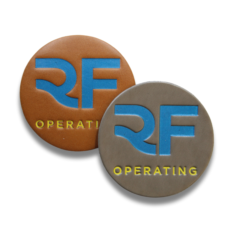 light blue and leather color options. Circle patch with RF operating on the logo.