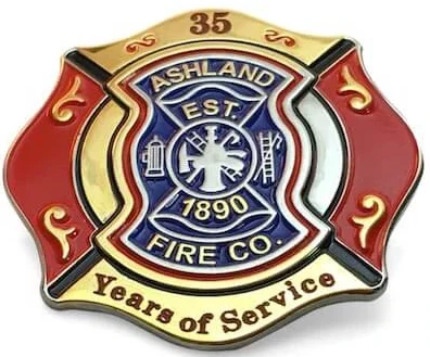 35 year fire department custom shaped service pin