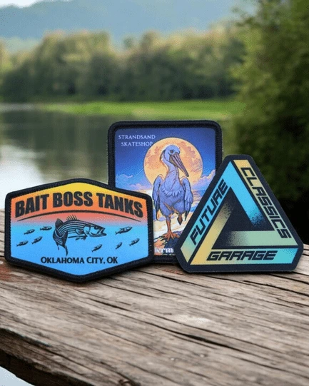 three patches with a lake background