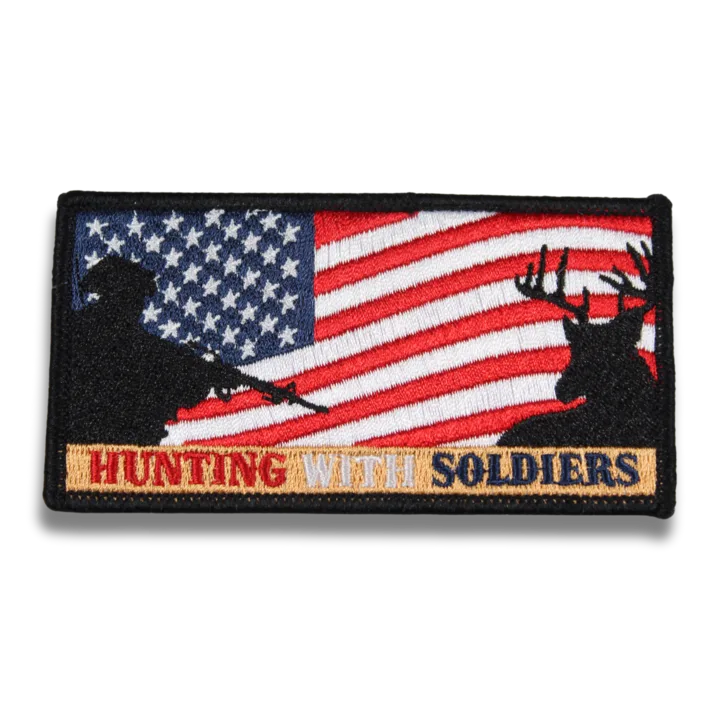 custom made american flag patch with text that says hunting with soldiers