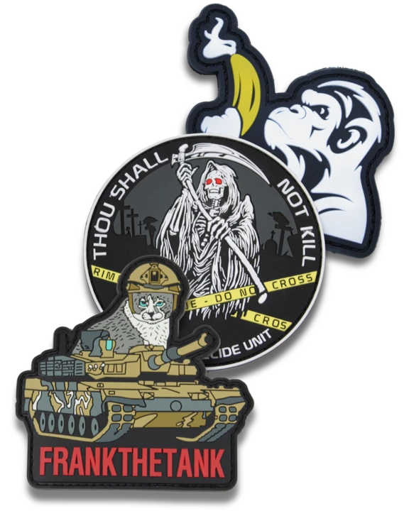 Set of three custom PVC morale patches with bold designs. One patch features a cartoon-style gorilla holding a peeled banana. Another depicts the Grim Reaper with red eyes holding a scythe, surrounded by the text 'Thou Shall Not Kill' and 'Rim - Crime Scene - Do Not Cross - Homicide Unit.' The third patch showcases a cat wearing a military helmet inside a tank, labeled 'FRANKTHETANK' in red lettering.