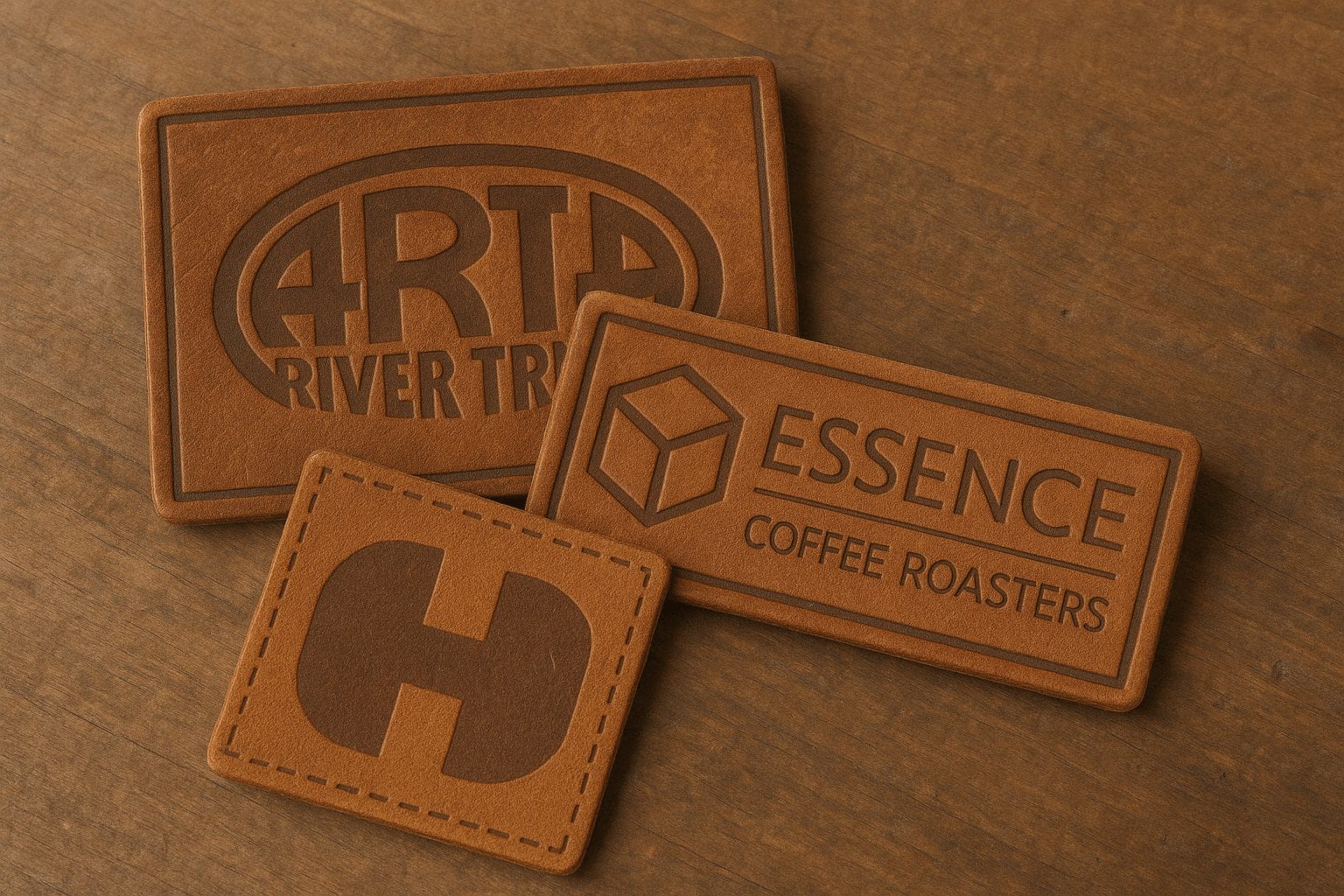 table with group of genuine leather tags