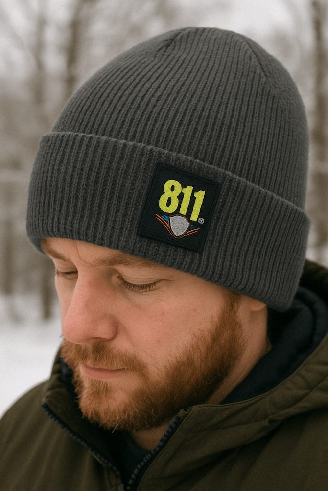 guy wearing beanie with woven label on beanie