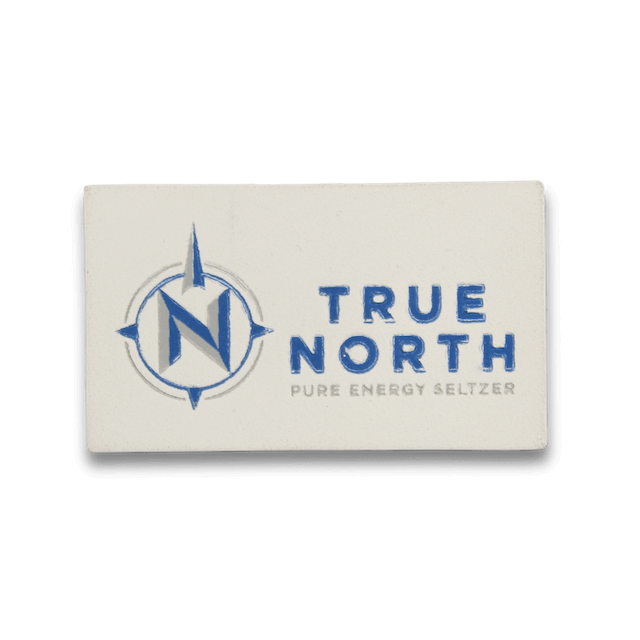 true north leather label with blue printing