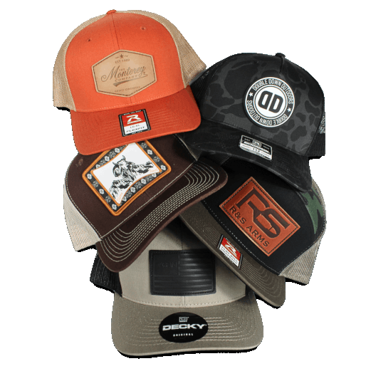 five custom hats with patches