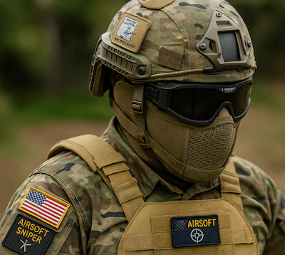 airsoft player showing his patches on his gear