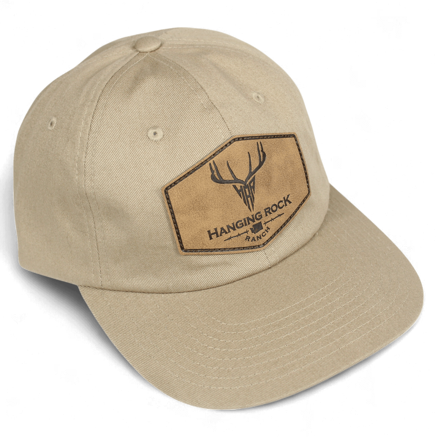 khaki dad hat with leather patch