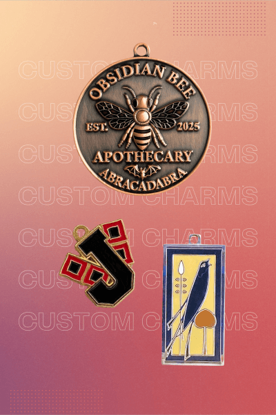 custom charm banner with example images of three colorful charms