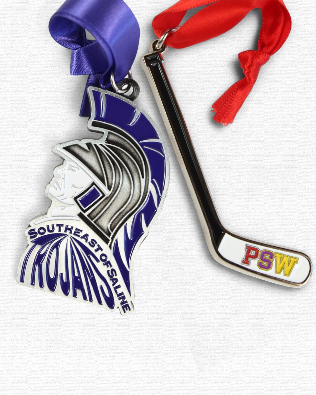 trojan purple sports ornaments and hockey stick ornament