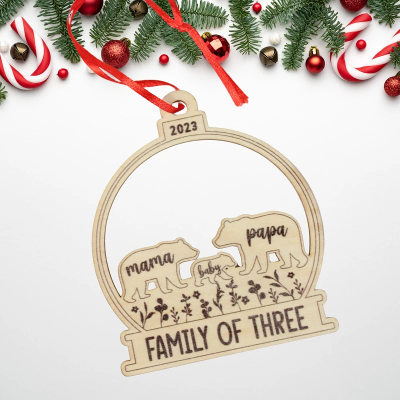 Family of Three engraved wooden ornament