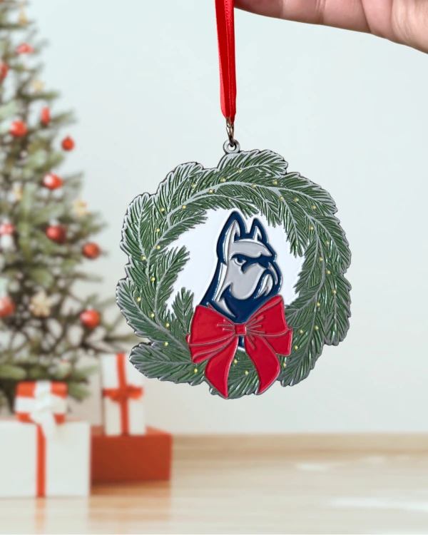 custom red ribbon and bulldog metal ornament