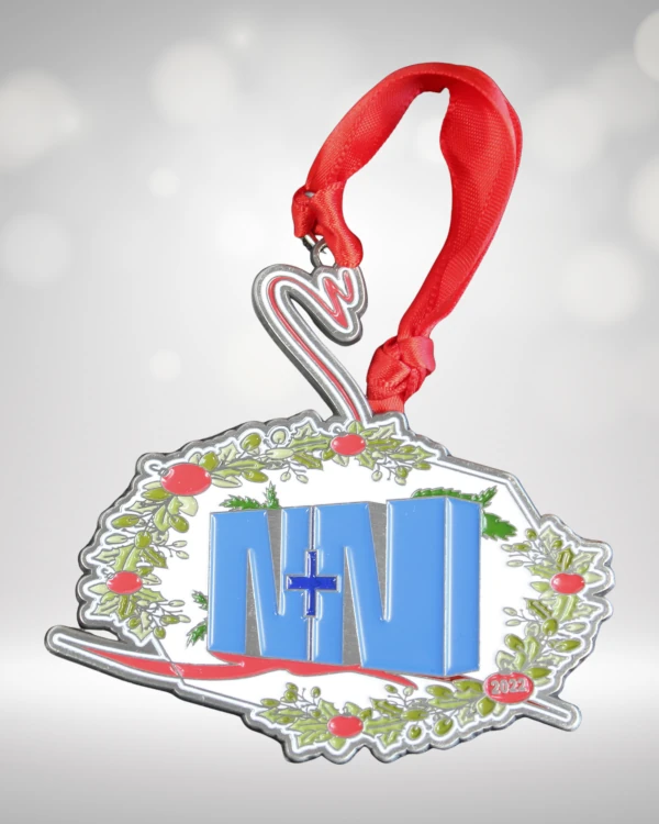 custom metal ornament red ribbon