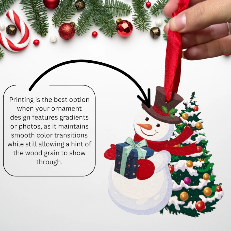 snowman printed wood ornament with explanation on our process of printing on wood