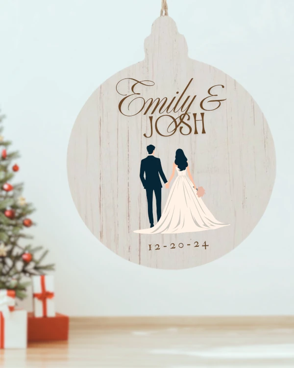 Emily & Josh Wedding ornament in pine wood with printing